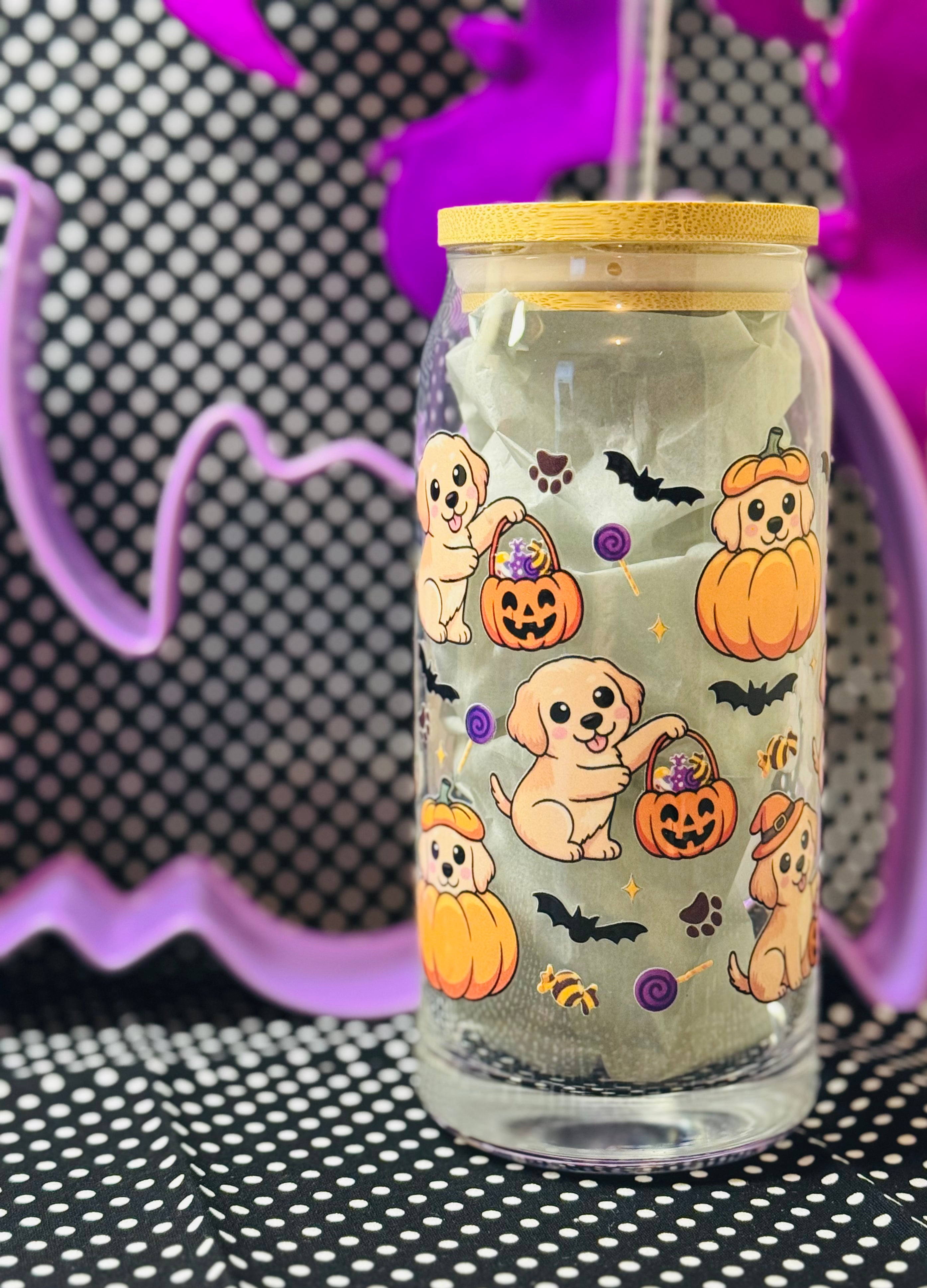 Puppies & Pumpkins Glass Tumbler
